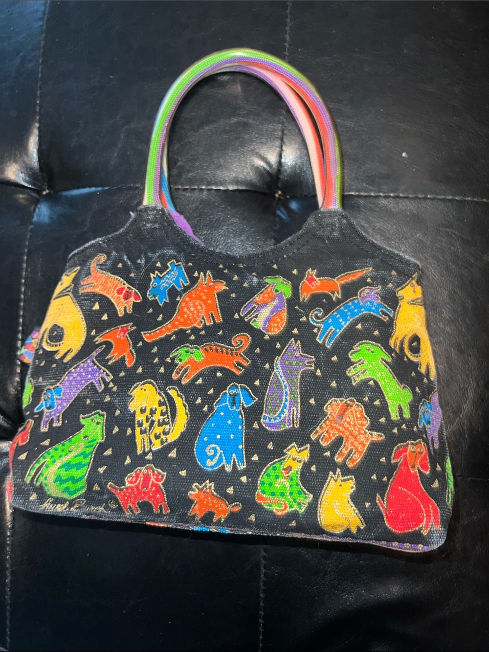 Laurel Burch Black Tote with Multicolor Cat & Dog Motif and Rainbow Handles